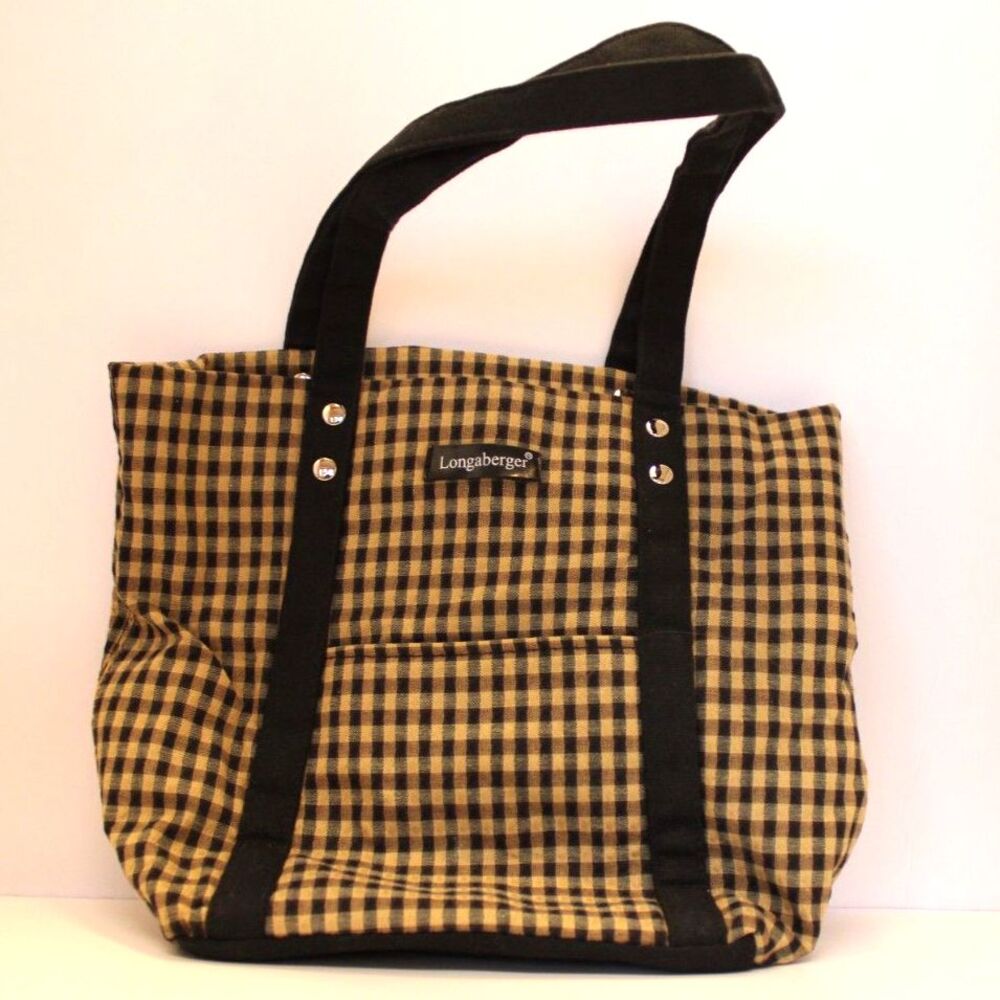 Vintage Longaberger Gingham Tote Bag Black Tan Checkered Canvas